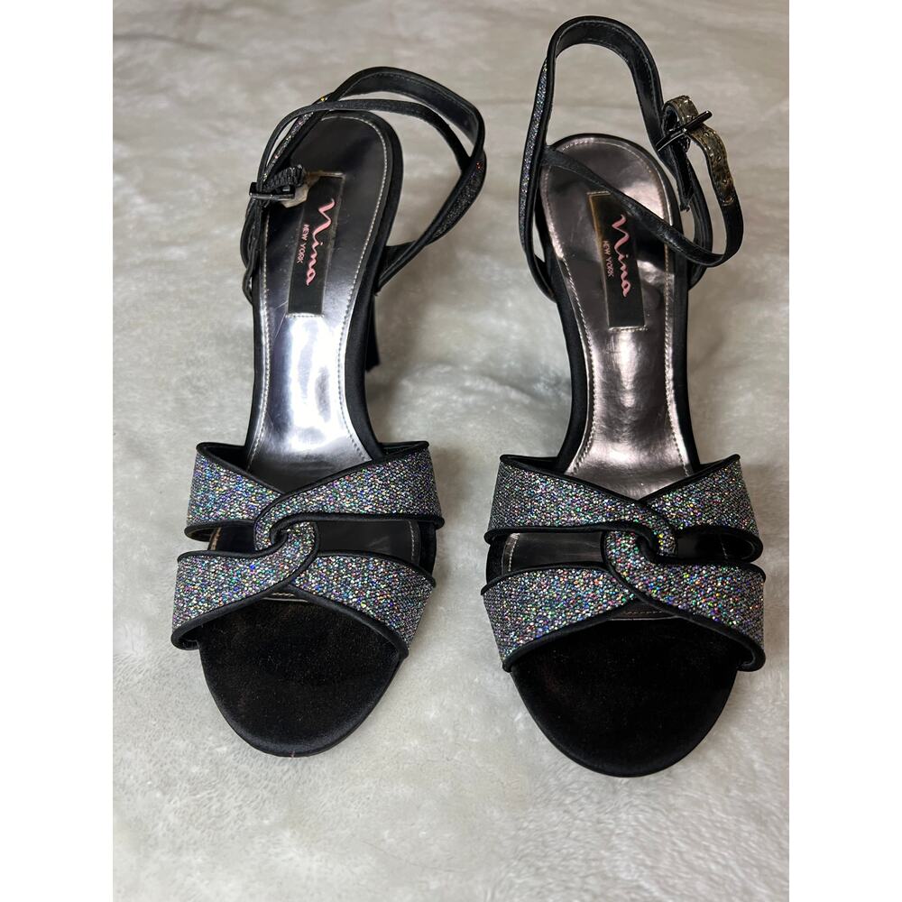 Nina Black and Silver Sparkle Strap Heels Women’s Size 9